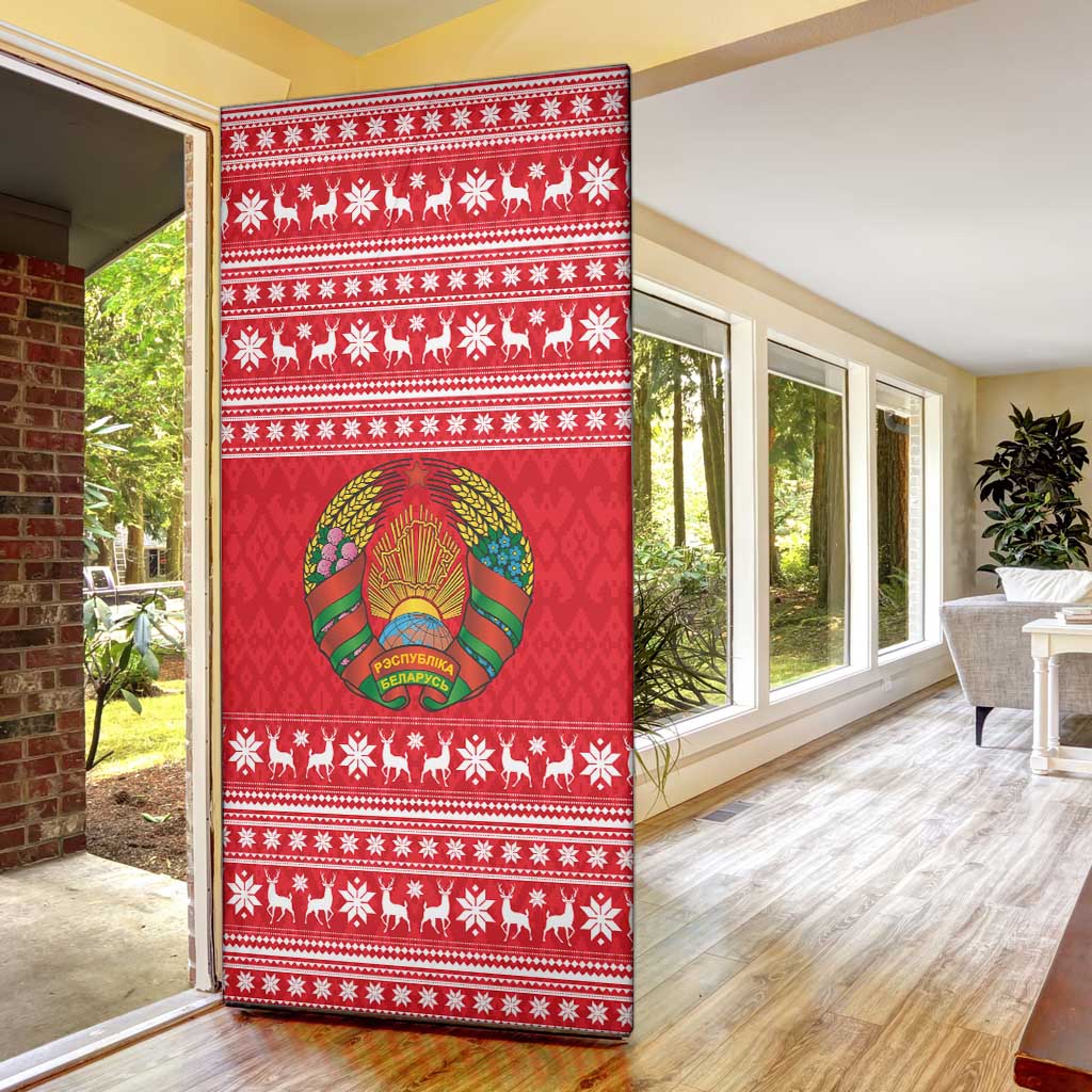 Belarus Christmas Door Cover with Santa Gingerbread Playing Chess National Emblem and Nordic Pattern Design - Wonder Print Shop