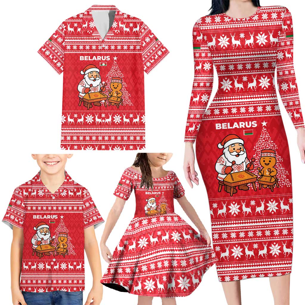 Belarus Christmas Family Matching Long Sleeve Bodycon Dress and Hawaiian Shirt with Santa Gingerbread Playing Chess National Emblem and Nordic Pattern Design - Wonder Print Shop