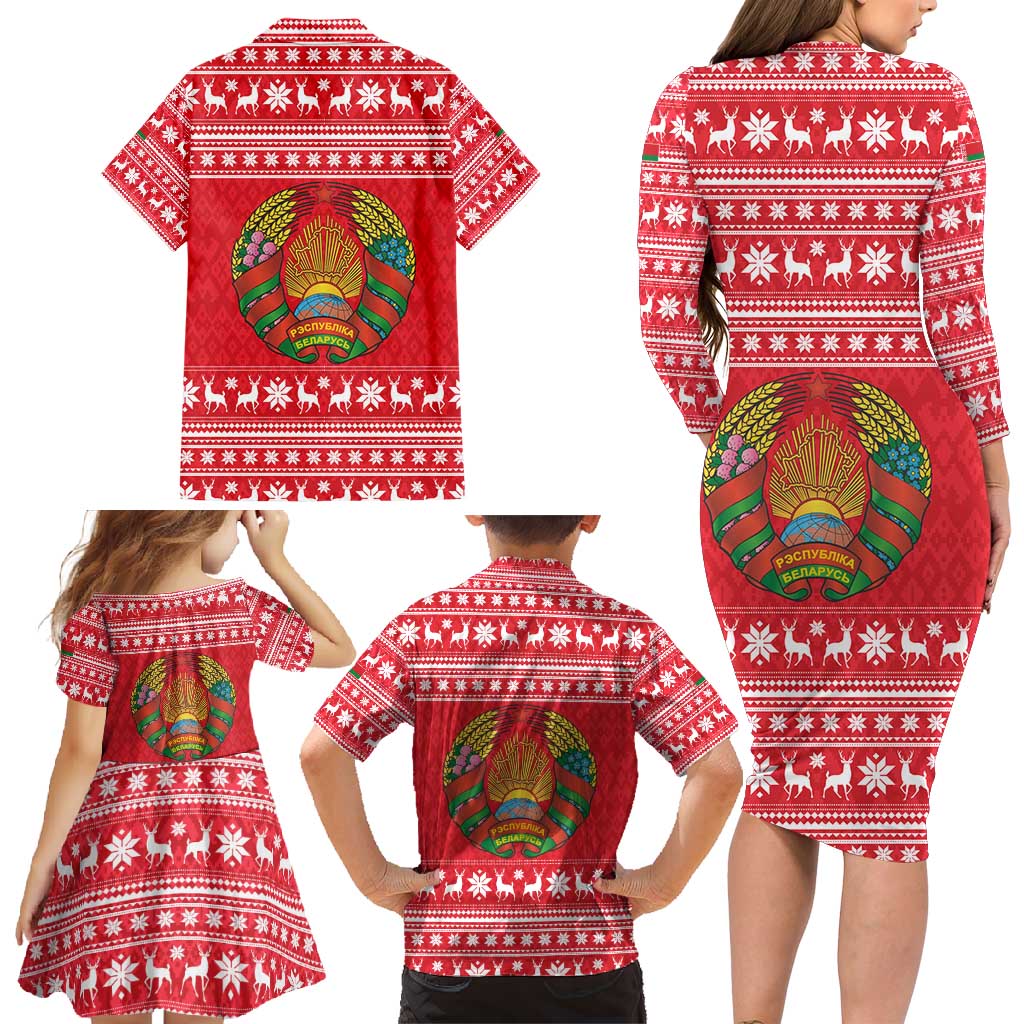 Belarus Christmas Family Matching Long Sleeve Bodycon Dress and Hawaiian Shirt with Santa Gingerbread Playing Chess National Emblem and Nordic Pattern Design - Wonder Print Shop