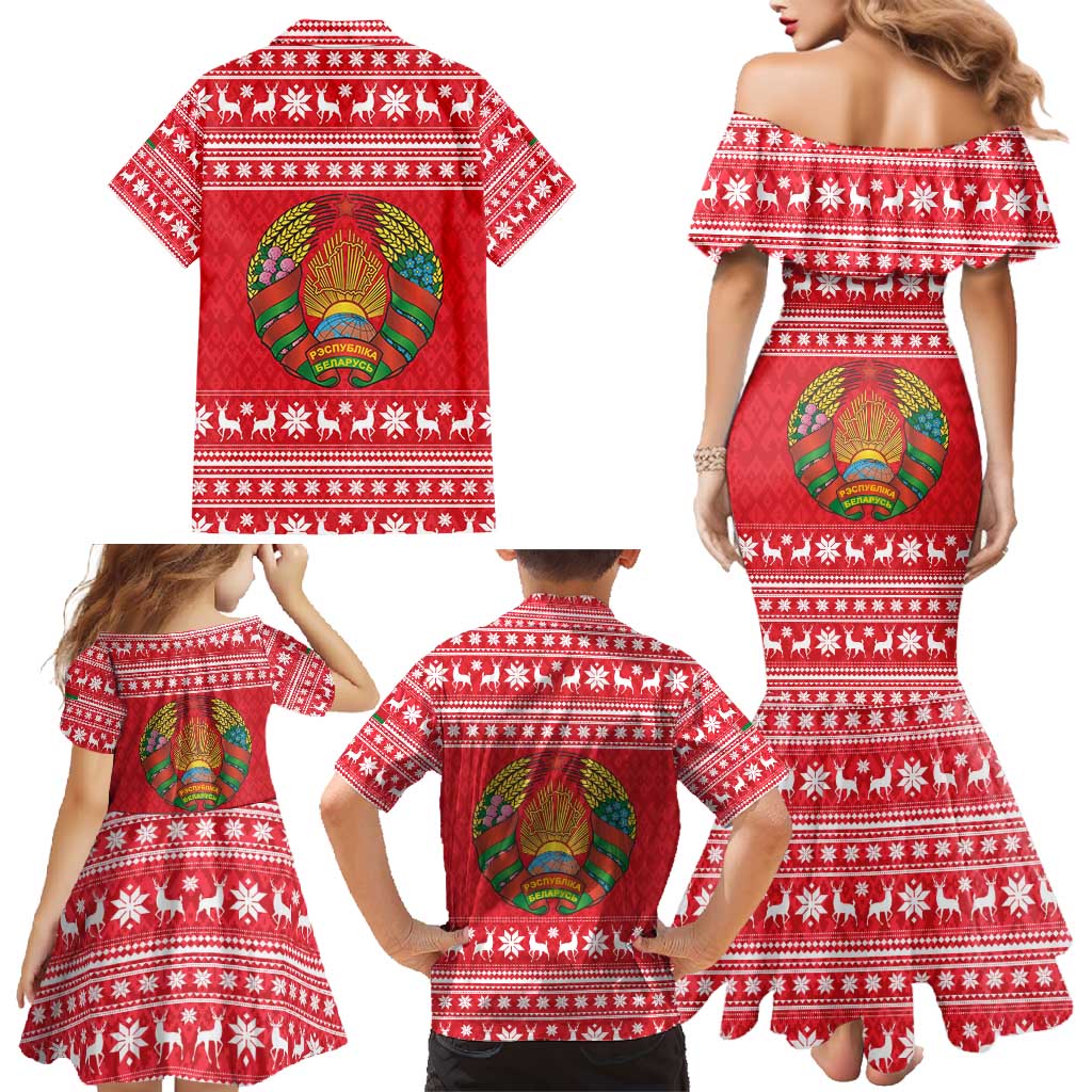 Belarus Christmas Family Matching Mermaid Dress and Hawaiian Shirt with Santa Gingerbread Playing Chess National Emblem and Nordic Pattern Design - Wonder Print Shop