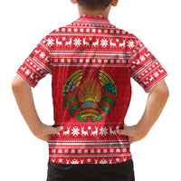 Belarus Christmas Family Matching Off The Shoulder Long Sleeve Dress and Hawaiian Shirt with Santa Gingerbread Playing Chess National Emblem and Nordic Pattern Design - Wonder Print Shop