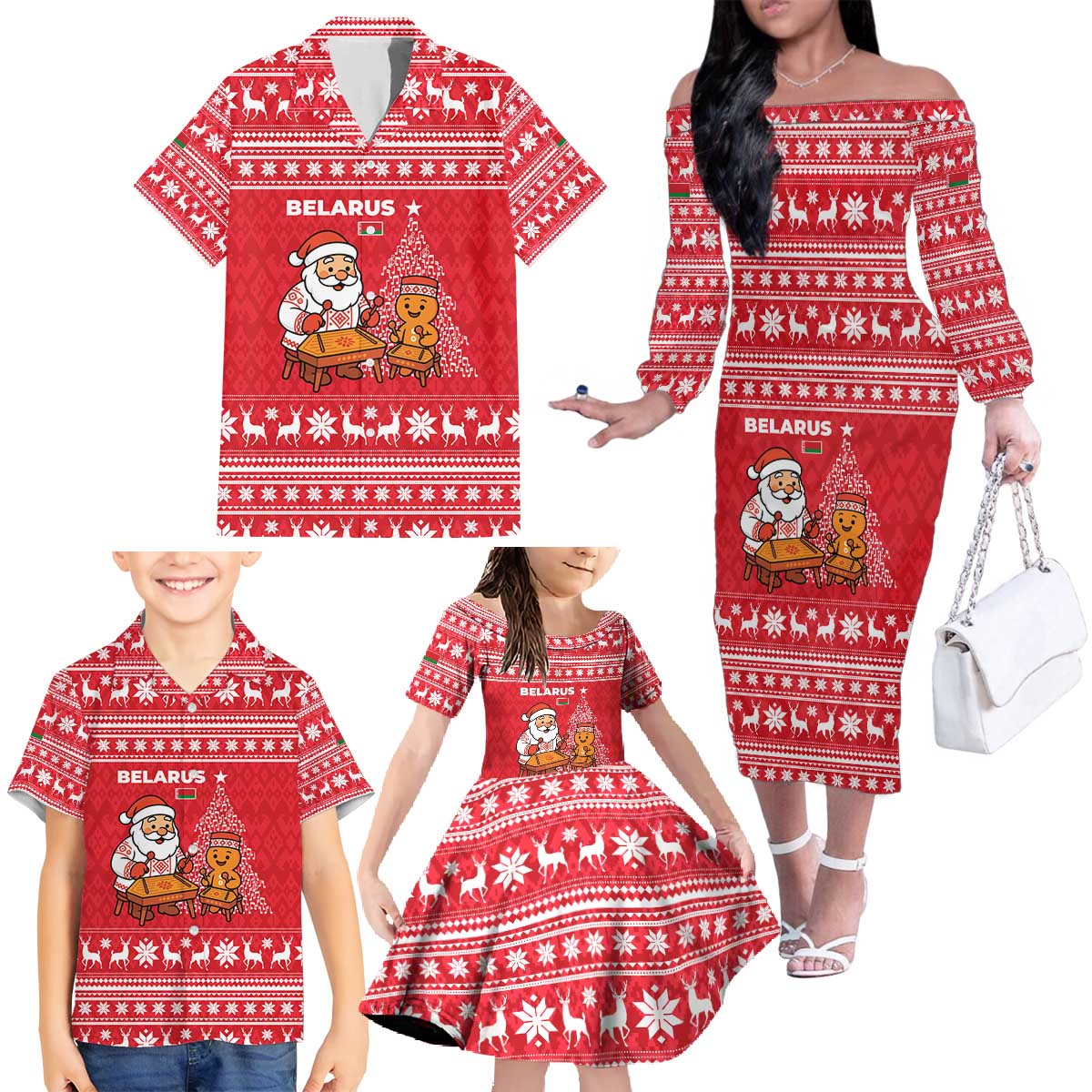 Belarus Christmas Family Matching Off The Shoulder Long Sleeve Dress and Hawaiian Shirt with Santa Gingerbread Playing Chess National Emblem and Nordic Pattern Design - Wonder Print Shop