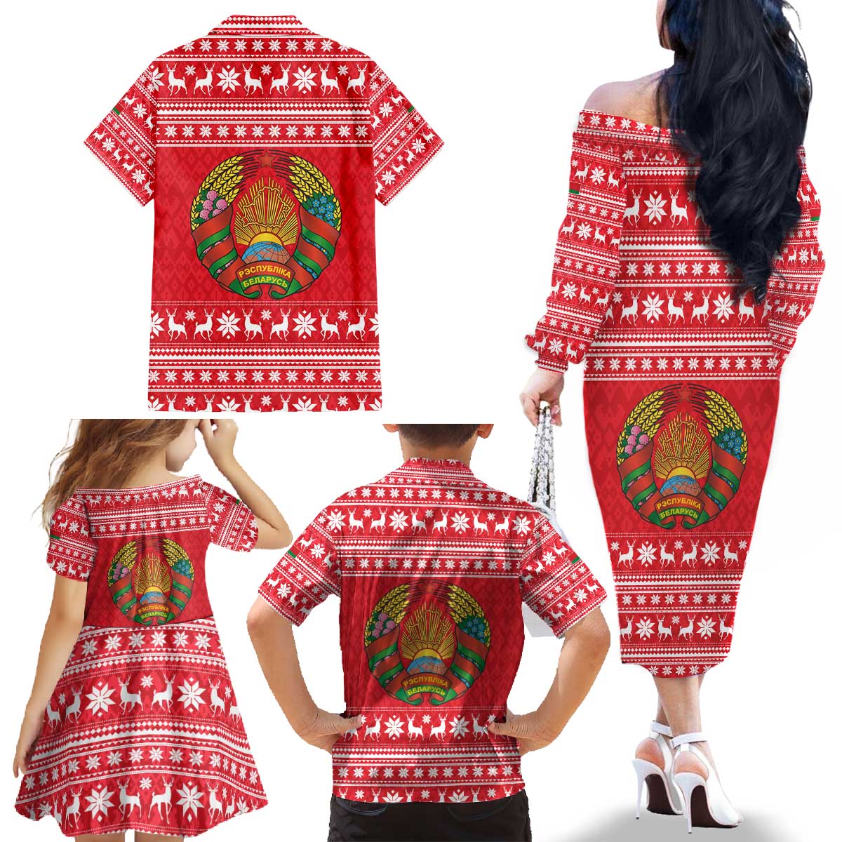 Belarus Christmas Family Matching Off The Shoulder Long Sleeve Dress and Hawaiian Shirt with Santa Gingerbread Playing Chess National Emblem and Nordic Pattern Design - Wonder Print Shop