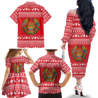 Belarus Christmas Family Matching Off The Shoulder Long Sleeve Dress and Hawaiian Shirt with Santa Gingerbread Playing Chess National Emblem and Nordic Pattern Design - Wonder Print Shop