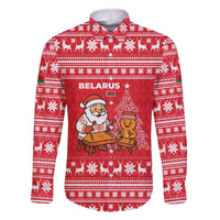 Belarus Christmas Family Matching Off The Shoulder Long Sleeve Dress and Hawaiian Shirt with Santa Gingerbread Playing Chess National Emblem and Nordic Pattern Design - Wonder Print Shop