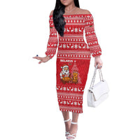 Belarus Christmas Family Matching Off The Shoulder Long Sleeve Dress and Hawaiian Shirt with Santa Gingerbread Playing Chess National Emblem and Nordic Pattern Design - Wonder Print Shop