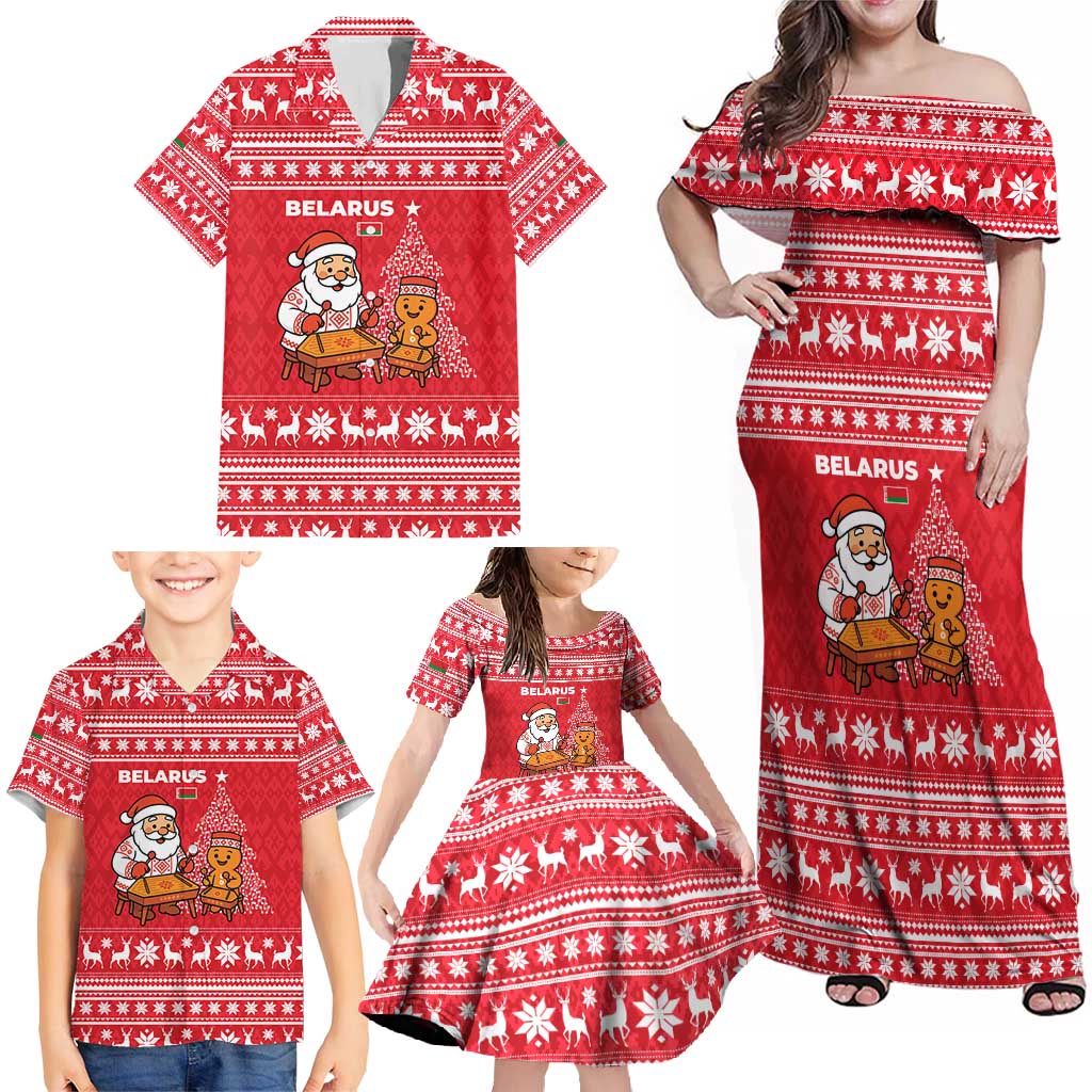 Belarus Christmas Family Matching Off Shoulder Maxi Dress and Hawaiian Shirt with Santa Gingerbread Playing Chess National Emblem and Nordic Pattern Design - Wonder Print Shop