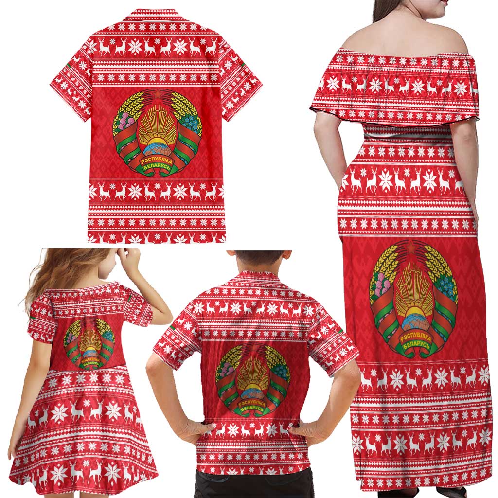 Belarus Christmas Family Matching Off Shoulder Maxi Dress and Hawaiian Shirt with Santa Gingerbread Playing Chess National Emblem and Nordic Pattern Design - Wonder Print Shop