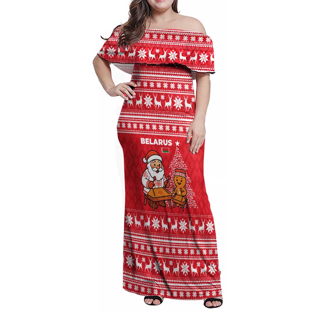 Belarus Christmas Family Matching Off Shoulder Maxi Dress and Hawaiian Shirt with Santa Gingerbread Playing Chess National Emblem and Nordic Pattern Design - Wonder Print Shop