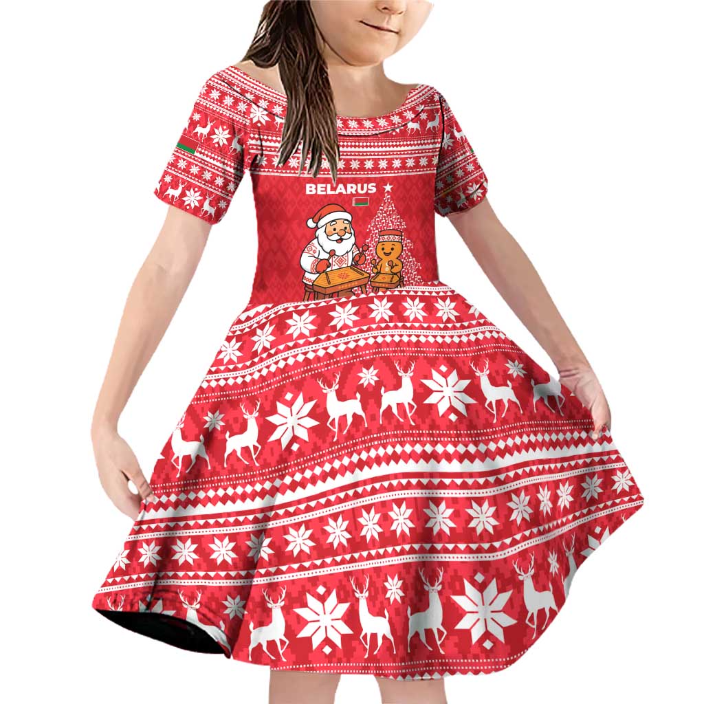 Belarus Christmas Family Matching Off Shoulder Short Dress and Hawaiian Shirt with Santa Gingerbread Playing Chess National Emblem and Nordic Pattern Design - Wonder Print Shop