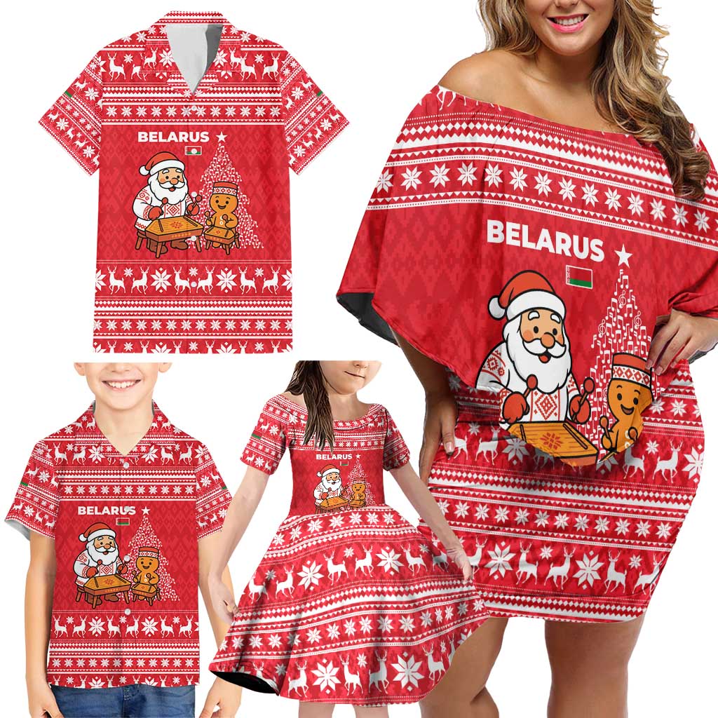Belarus Christmas Family Matching Off Shoulder Short Dress and Hawaiian Shirt with Santa Gingerbread Playing Chess National Emblem and Nordic Pattern Design - Wonder Print Shop