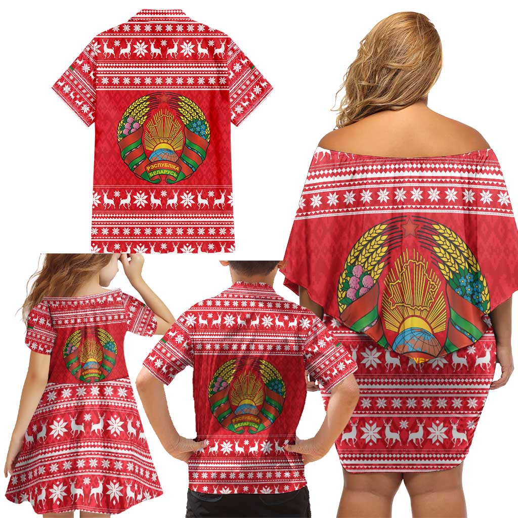 Belarus Christmas Family Matching Off Shoulder Short Dress and Hawaiian Shirt with Santa Gingerbread Playing Chess National Emblem and Nordic Pattern Design - Wonder Print Shop