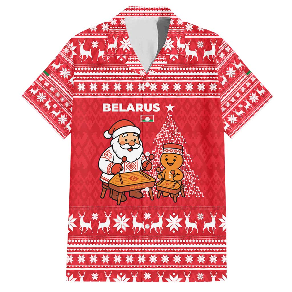 Belarus Christmas Family Matching Off Shoulder Short Dress and Hawaiian Shirt with Santa Gingerbread Playing Chess National Emblem and Nordic Pattern Design - Wonder Print Shop
