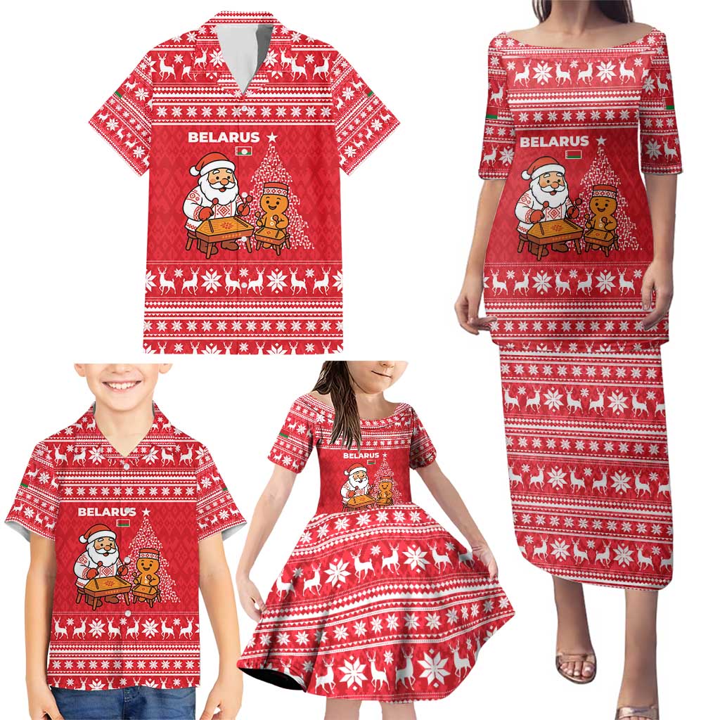 Belarus Christmas Family Matching Puletasi and Hawaiian Shirt with Santa Gingerbread Playing Chess National Emblem and Nordic Pattern Design - Wonder Print Shop