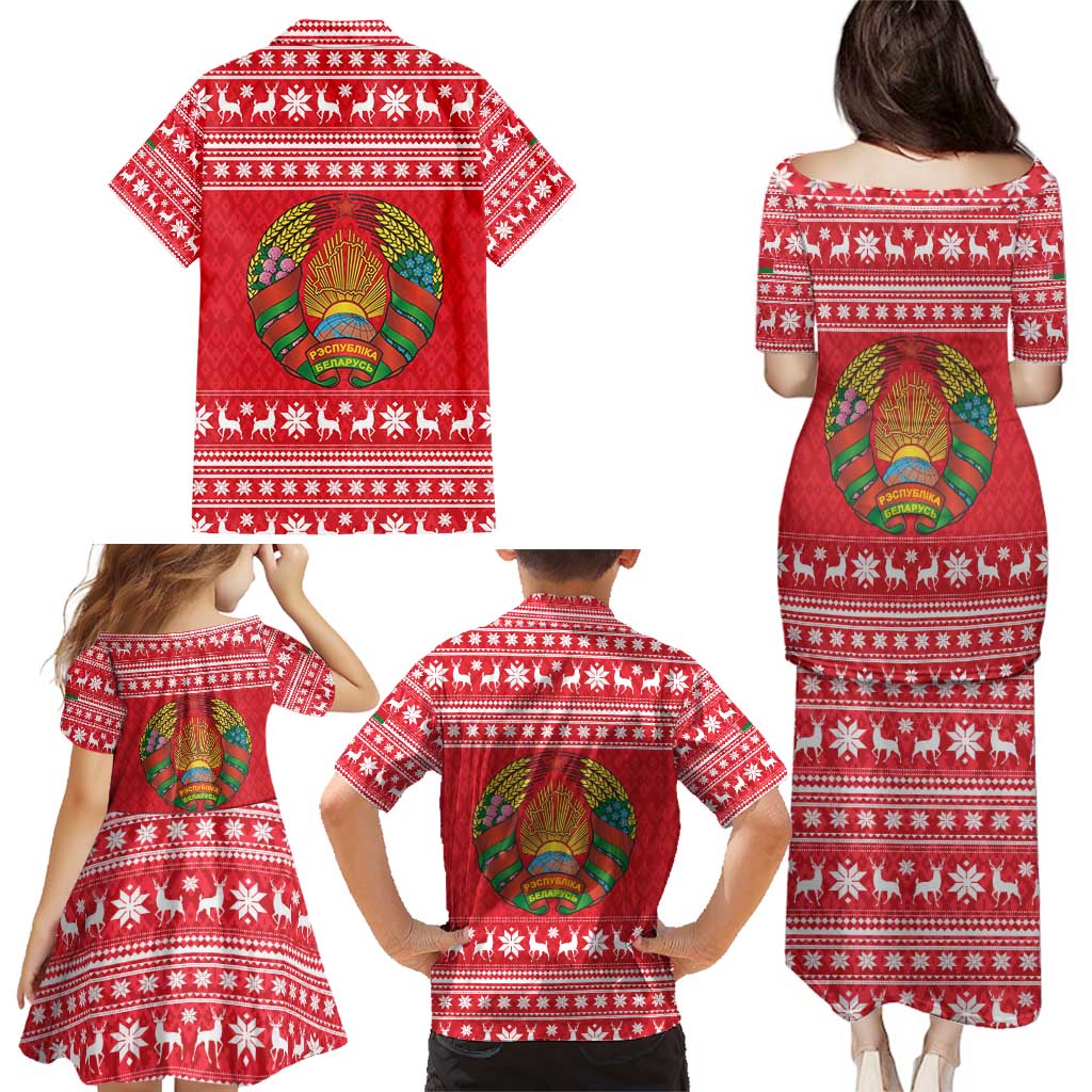Belarus Christmas Family Matching Puletasi and Hawaiian Shirt with Santa Gingerbread Playing Chess National Emblem and Nordic Pattern Design - Wonder Print Shop
