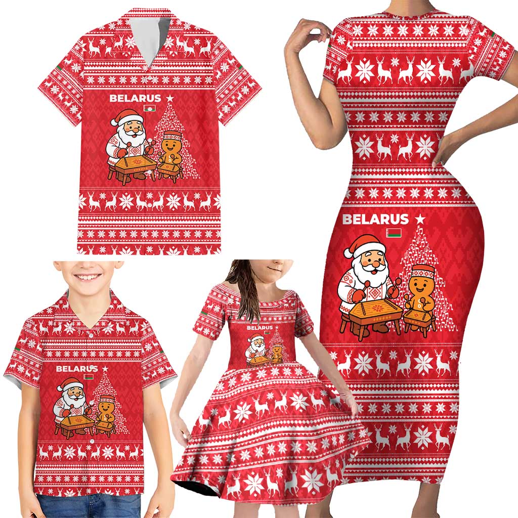 Belarus Christmas Family Matching Short Sleeve Bodycon Dress and Hawaiian Shirt with Santa Gingerbread Playing Chess National Emblem and Nordic Pattern Design - Wonder Print Shop