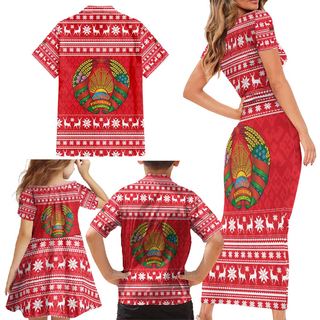 Belarus Christmas Family Matching Short Sleeve Bodycon Dress and Hawaiian Shirt with Santa Gingerbread Playing Chess National Emblem and Nordic Pattern Design - Wonder Print Shop