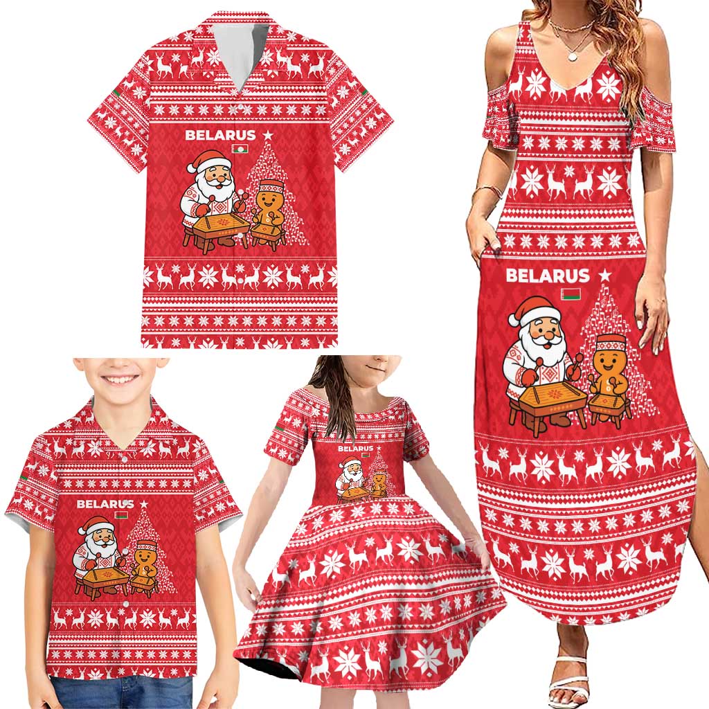 Belarus Christmas Family Matching Summer Maxi Dress and Hawaiian Shirt with Santa Gingerbread Playing Chess National Emblem and Nordic Pattern Design - Wonder Print Shop