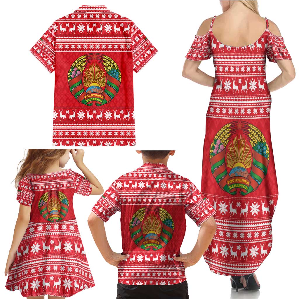 Belarus Christmas Family Matching Summer Maxi Dress and Hawaiian Shirt with Santa Gingerbread Playing Chess National Emblem and Nordic Pattern Design - Wonder Print Shop