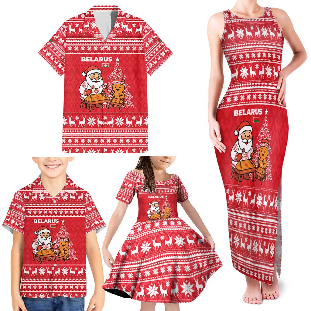 Belarus Christmas Family Matching Tank Maxi Dress and Hawaiian Shirt with Santa Gingerbread Playing Chess National Emblem and Nordic Pattern Design - Wonder Print Shop