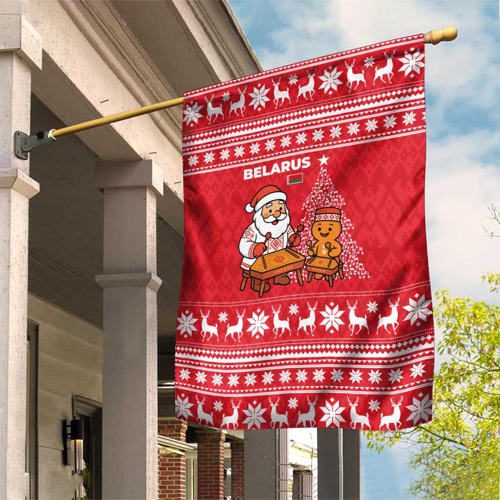 Belarus Christmas Garden Flag with Santa Gingerbread Playing Chess National Emblem and Nordic Pattern Design - Wonder Print Shop