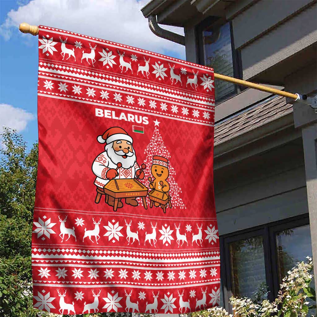 Belarus Christmas Garden Flag with Santa Gingerbread Playing Chess National Emblem and Nordic Pattern Design - Wonder Print Shop
