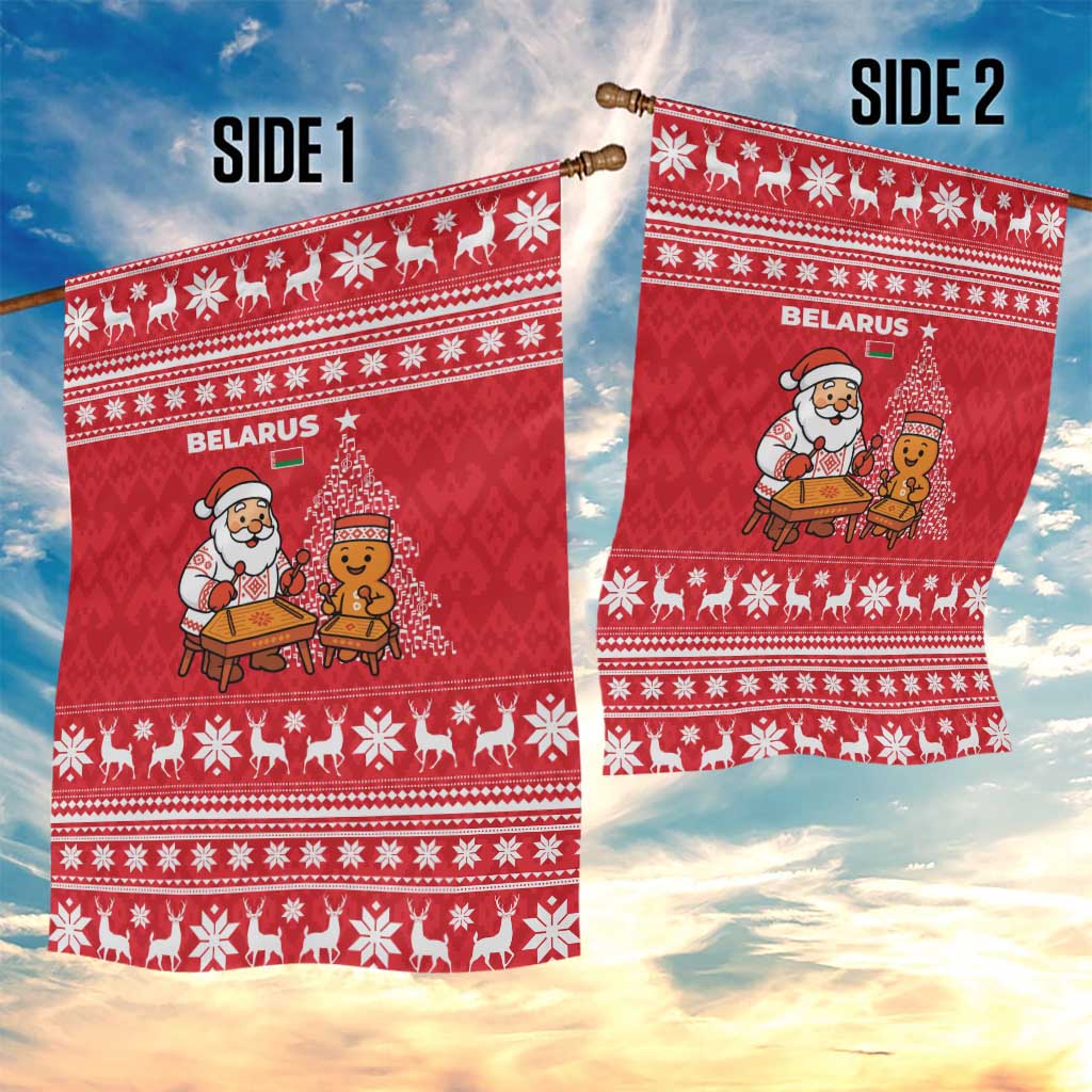 Belarus Christmas Garden Flag with Santa Gingerbread Playing Chess National Emblem and Nordic Pattern Design - Wonder Print Shop