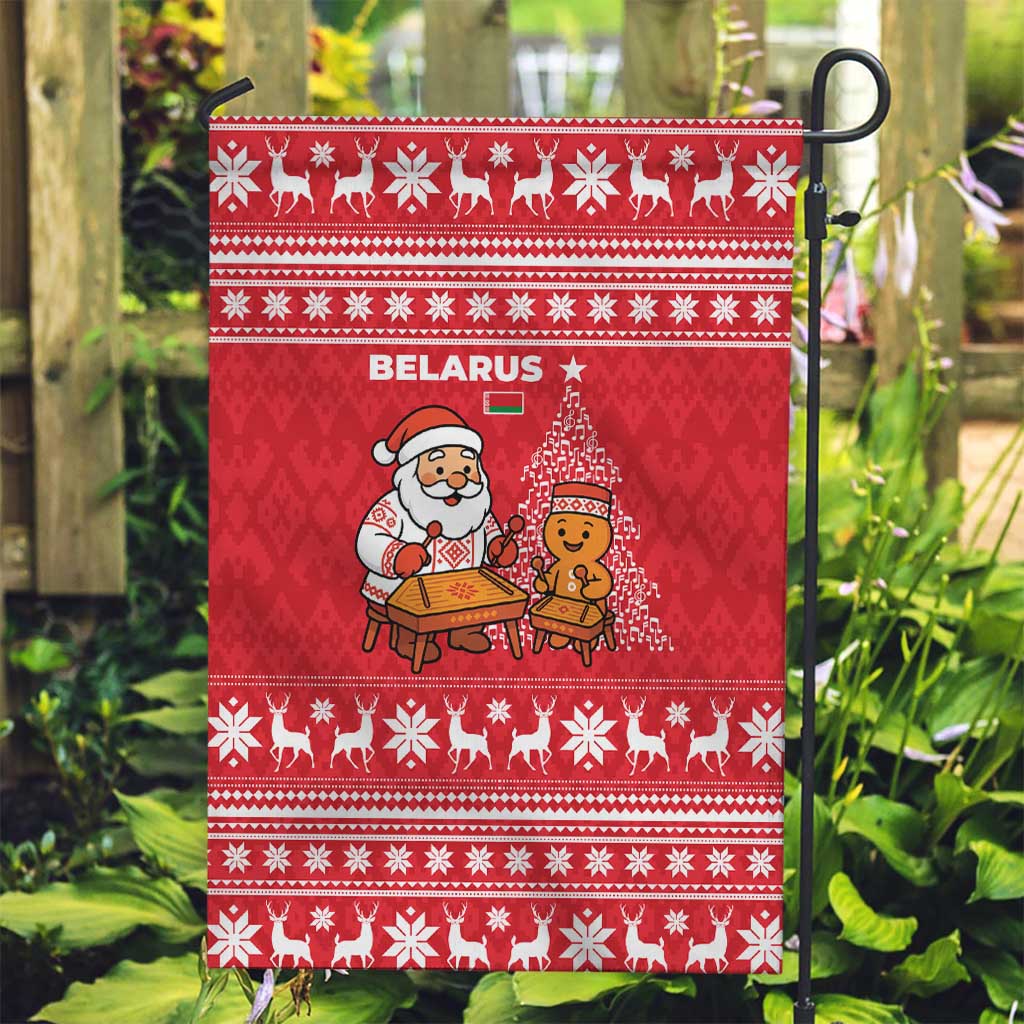 Belarus Christmas Garden Flag with Santa Gingerbread Playing Chess National Emblem and Nordic Pattern Design - Wonder Print Shop