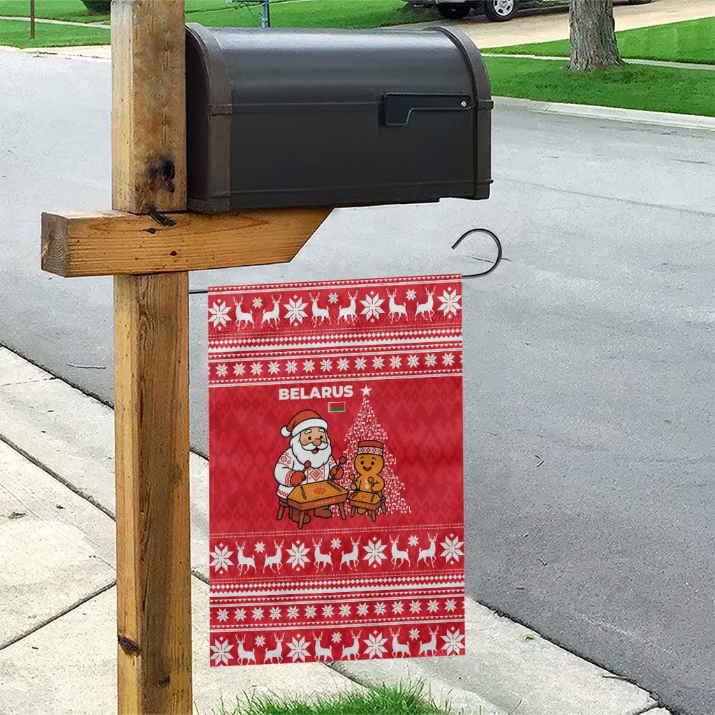 Belarus Christmas Garden Flag with Santa Gingerbread Playing Chess National Emblem and Nordic Pattern Design - Wonder Print Shop