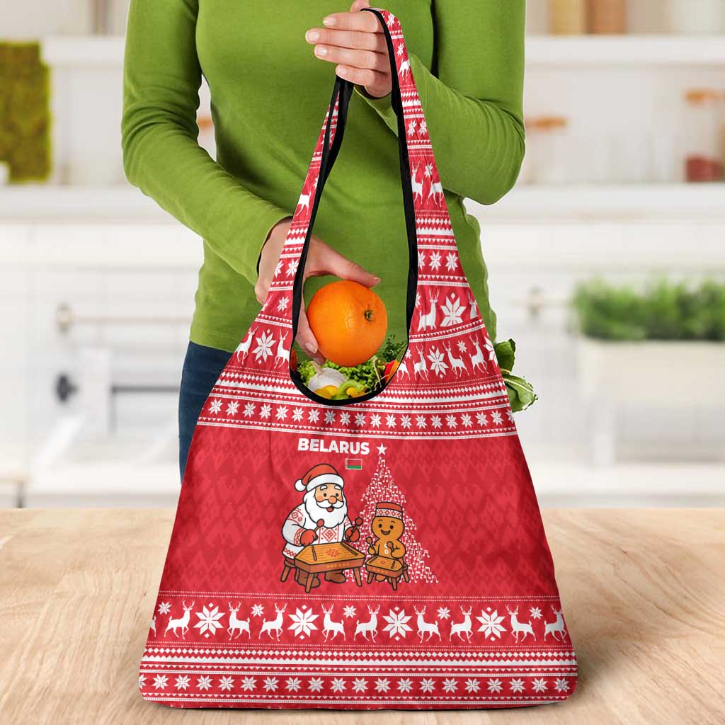Belarus Christmas Grocery Bag with Santa Gingerbread Playing Chess National Emblem and Nordic Pattern Design - Wonder Print Shop