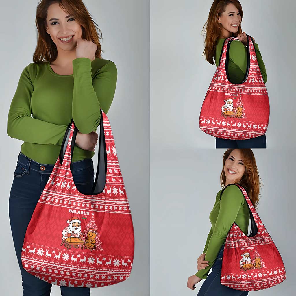 Belarus Christmas Grocery Bag with Santa Gingerbread Playing Chess National Emblem and Nordic Pattern Design - Wonder Print Shop