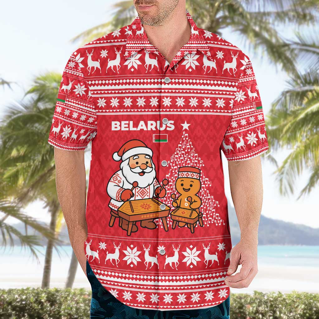 Belarus Christmas Hawaiian Shirt with Santa Gingerbread Playing Chess National Emblem and Nordic Pattern Design - Wonder Print Shop