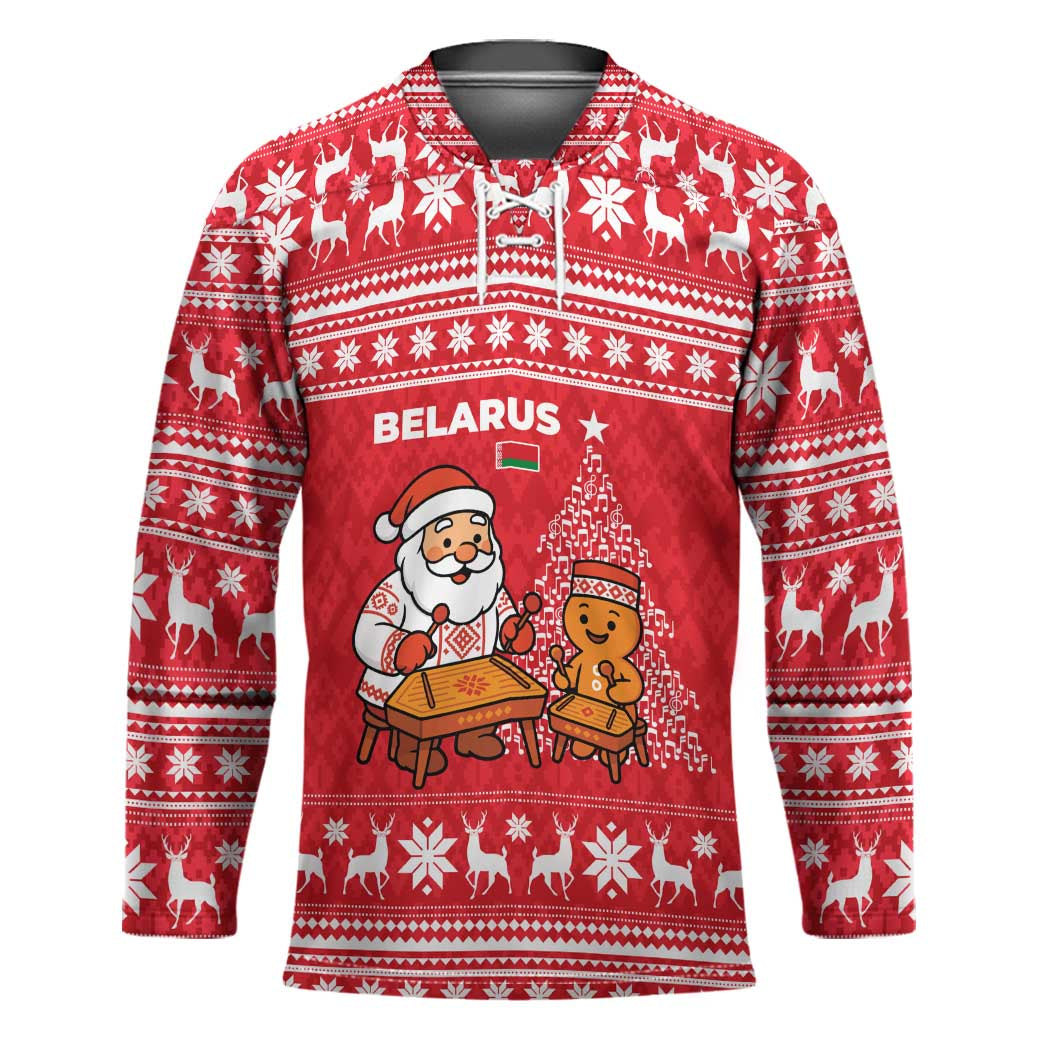Belarus Christmas Hockey Jersey with Santa Gingerbread Playing Chess National Emblem and Nordic Pattern Design - Wonder Print Shop