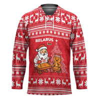 Belarus Christmas Hockey Jersey with Santa Gingerbread Playing Chess National Emblem and Nordic Pattern Design - Wonder Print Shop