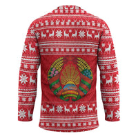 Belarus Christmas Hockey Jersey with Santa Gingerbread Playing Chess National Emblem and Nordic Pattern Design - Wonder Print Shop