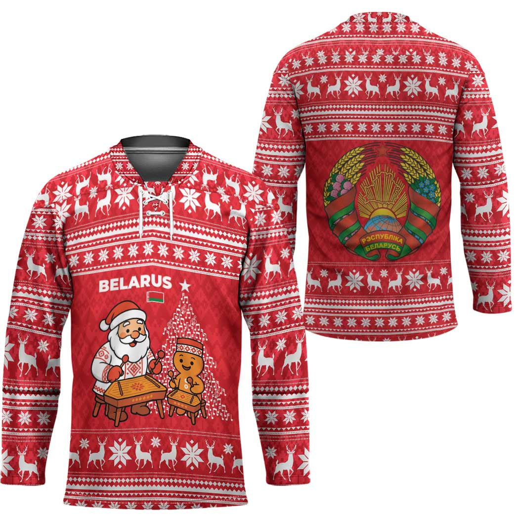Belarus Christmas Hockey Jersey with Santa Gingerbread Playing Chess National Emblem and Nordic Pattern Design - Wonder Print Shop