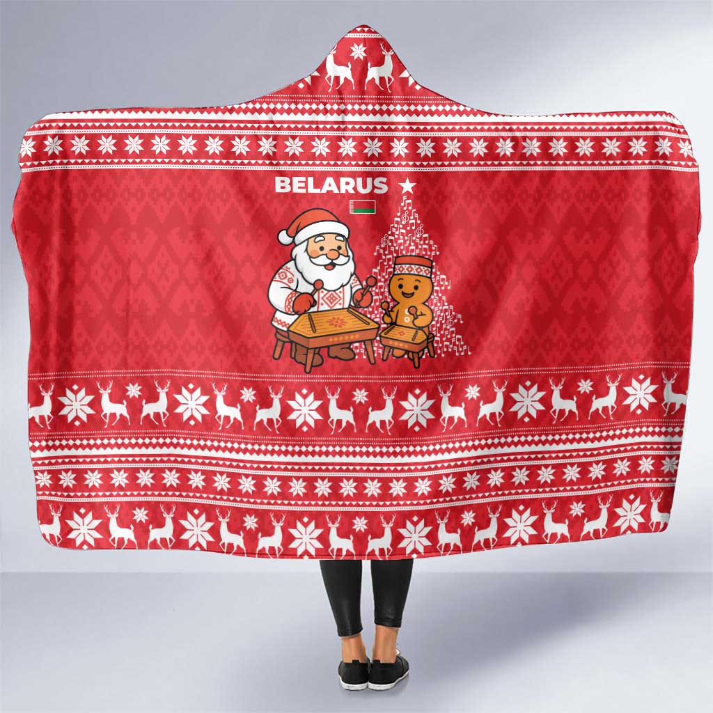 Belarus Christmas Hooded Blanket with Santa Gingerbread Playing Chess National Emblem and Nordic Pattern Design - Wonder Print Shop