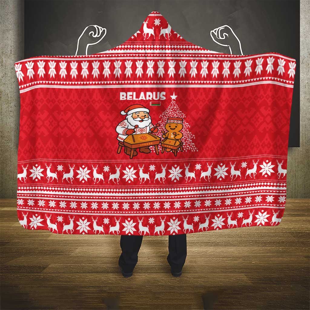 Belarus Christmas Hooded Blanket with Santa Gingerbread Playing Chess National Emblem and Nordic Pattern Design - Wonder Print Shop
