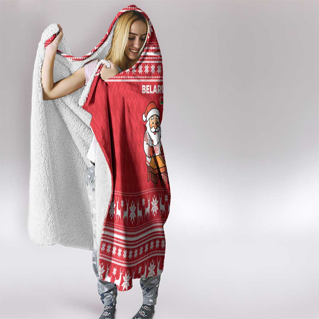 Belarus Christmas Hooded Blanket with Santa Gingerbread Playing Chess National Emblem and Nordic Pattern Design - Wonder Print Shop