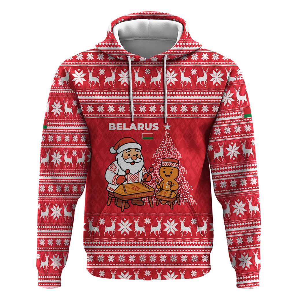 Belarus Christmas Hoodie with Santa Gingerbread Playing Chess National Emblem and Nordic Pattern Design - Wonder Print Shop