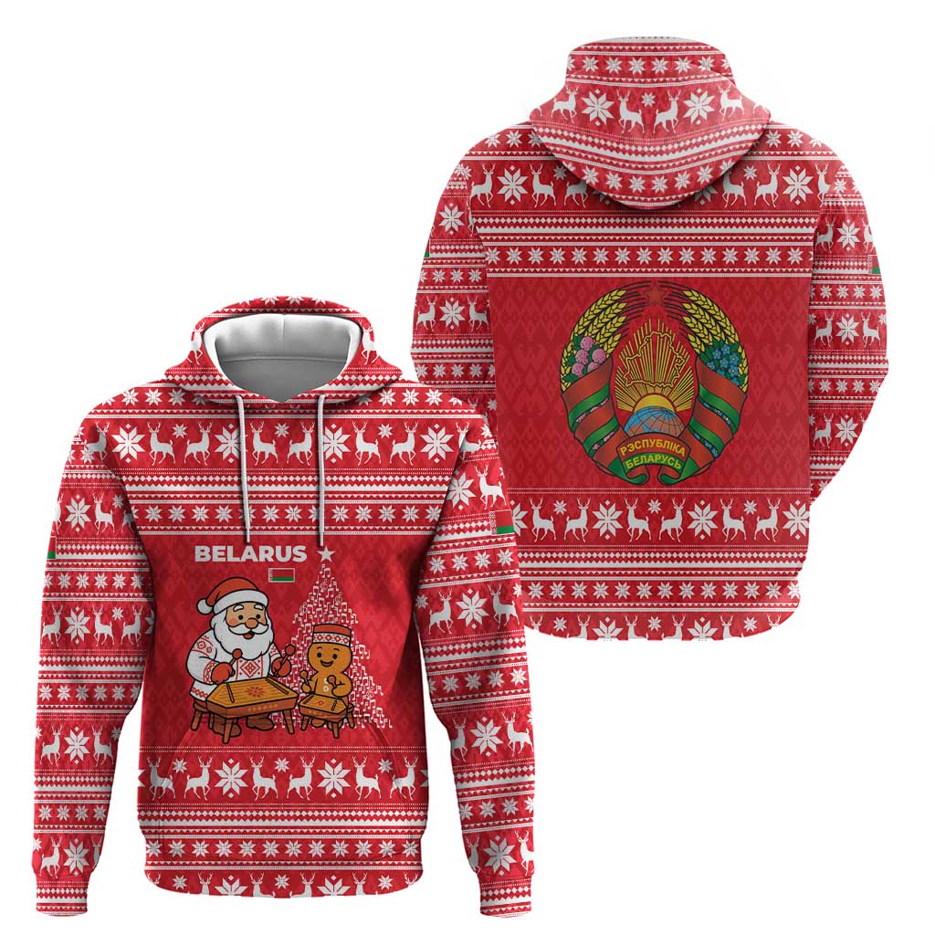 Belarus Christmas Hoodie with Santa Gingerbread Playing Chess National Emblem and Nordic Pattern Design - Wonder Print Shop
