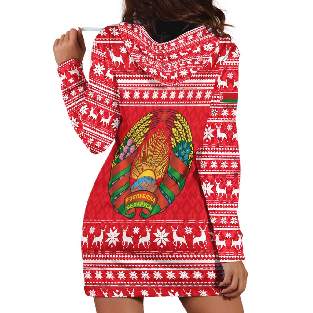 Belarus Christmas Hoodie Dress with Santa Gingerbread Playing Chess National Emblem and Nordic Pattern Design - Wonder Print Shop