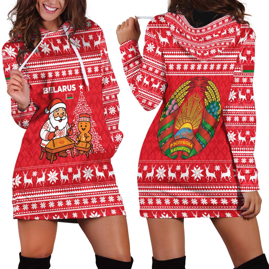 Belarus Christmas Hoodie Dress with Santa Gingerbread Playing Chess National Emblem and Nordic Pattern Design - Wonder Print Shop