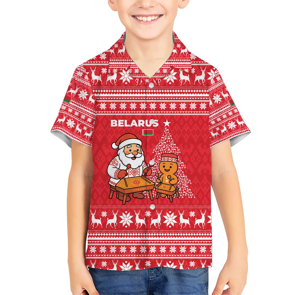 Belarus Christmas Kid Hawaiian Shirt with Santa Gingerbread Playing Chess National Emblem and Nordic Pattern Design - Wonder Print Shop