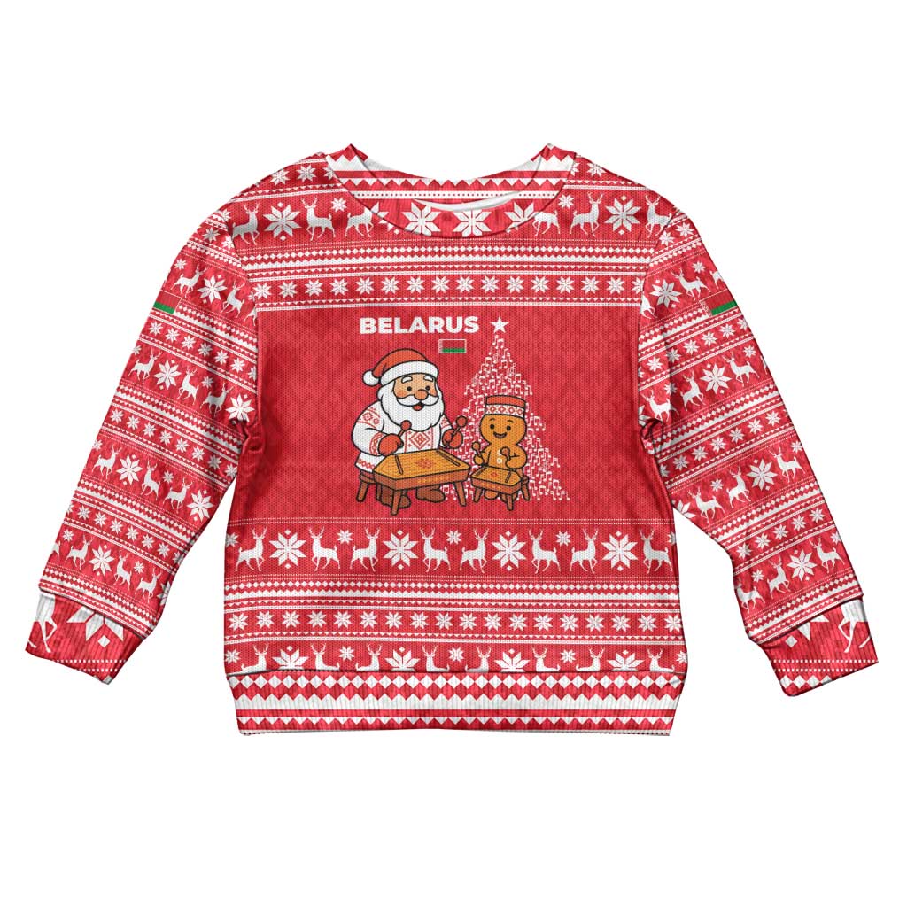 Belarus Christmas Kid Ugly Christmas Sweater with Santa Gingerbread Playing Chess National Emblem and Nordic Pattern Design - Wonder Print Shop