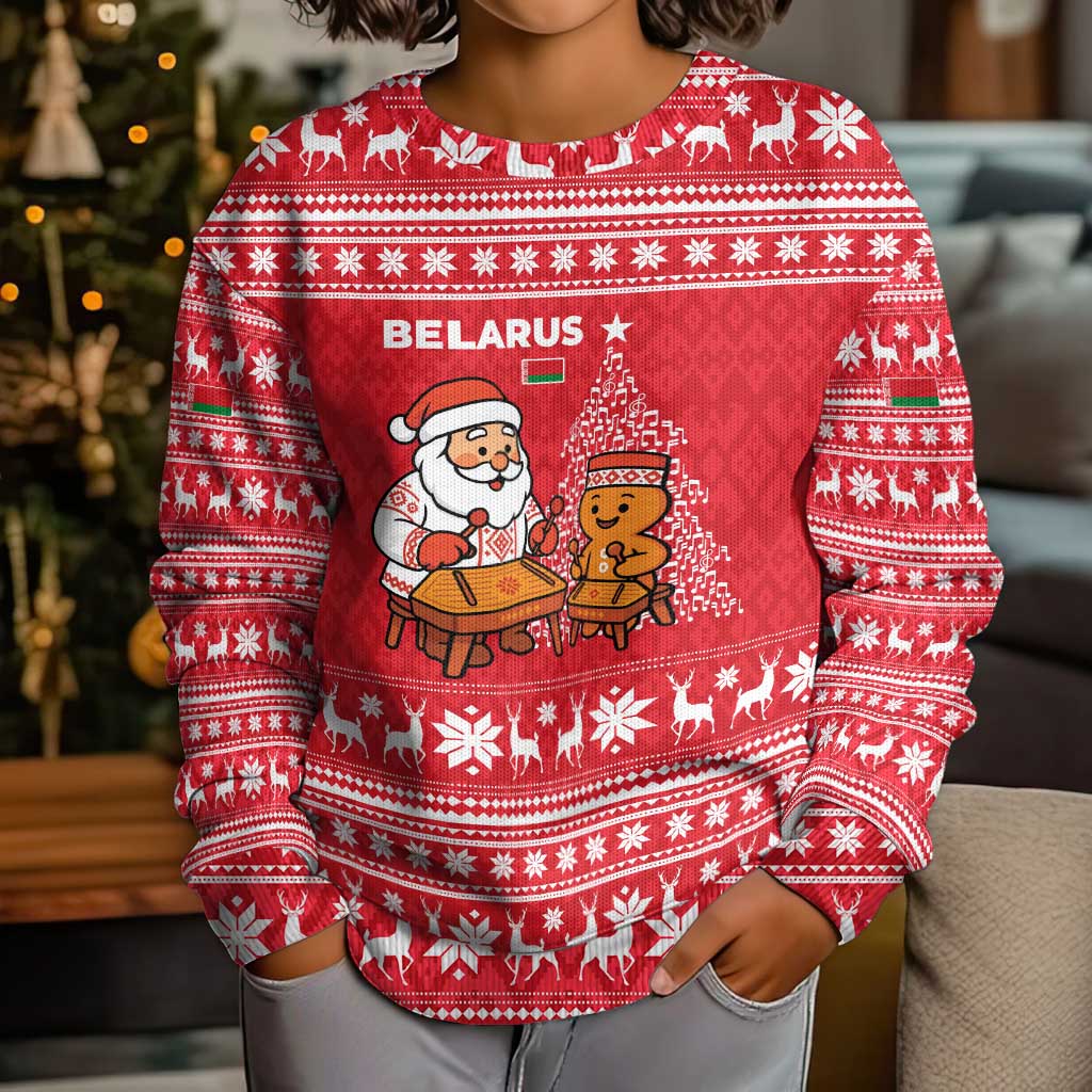 Belarus Christmas Kid Ugly Christmas Sweater with Santa Gingerbread Playing Chess National Emblem and Nordic Pattern Design - Wonder Print Shop
