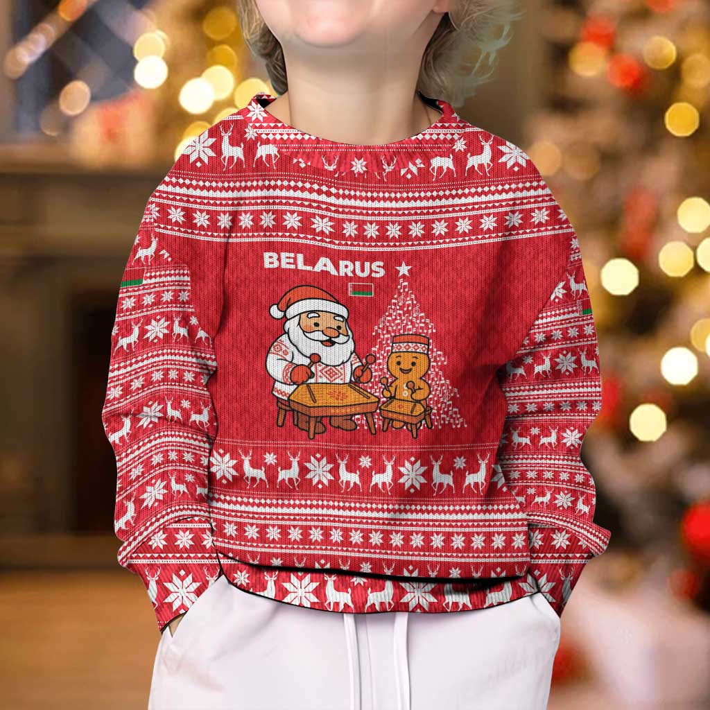 Belarus Christmas Kid Ugly Christmas Sweater with Santa Gingerbread Playing Chess National Emblem and Nordic Pattern Design - Wonder Print Shop