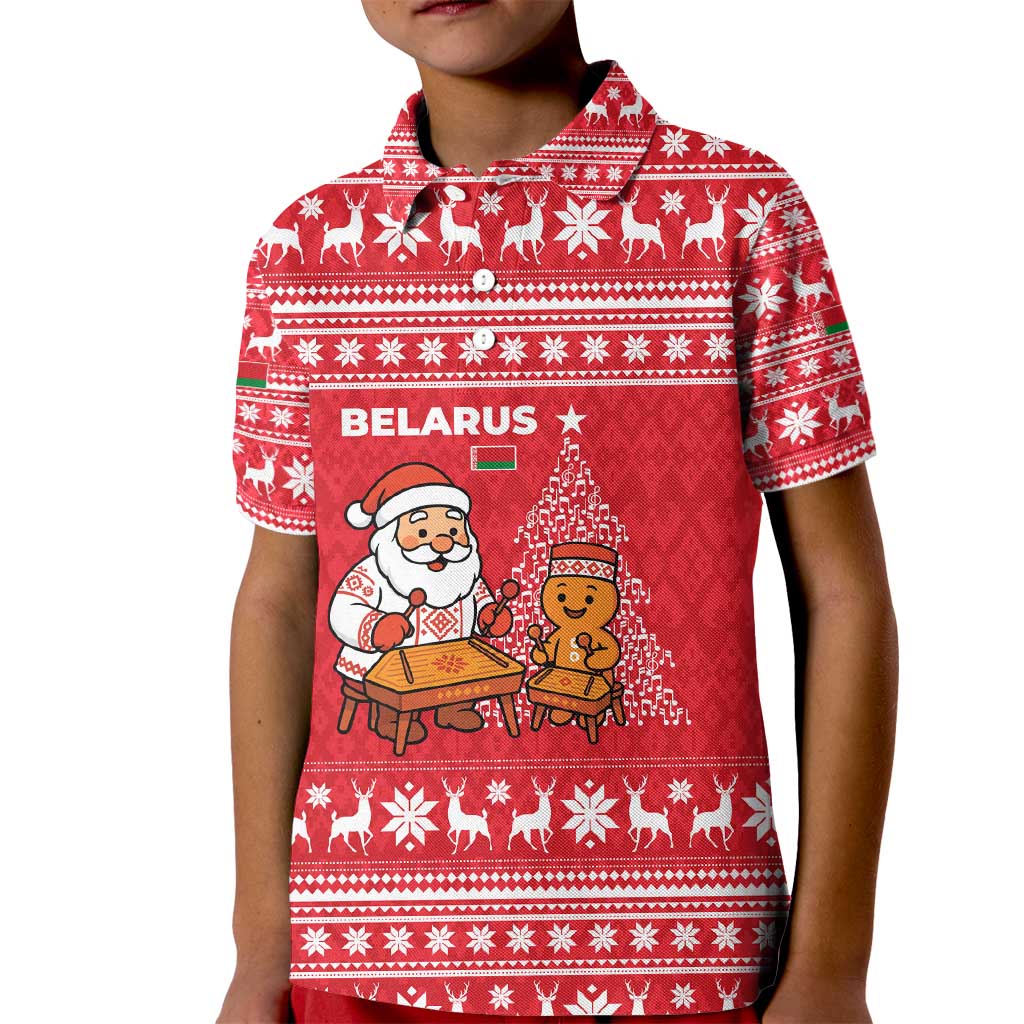 Belarus Christmas Kid Polo Shirt with Santa Gingerbread Playing Chess National Emblem and Nordic Pattern Design - Wonder Print Shop