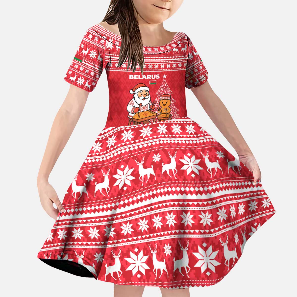 Belarus Christmas Kid Short Sleeve Dress with Santa Gingerbread Playing Chess National Emblem and Nordic Pattern Design - Wonder Print Shop