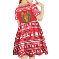 Belarus Christmas Kid Short Sleeve Dress with Santa Gingerbread Playing Chess National Emblem and Nordic Pattern Design - Wonder Print Shop